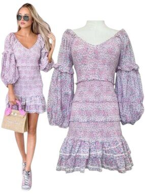 LoveShackFancy Ensley Mini Dress Candy Heart Smocked Puff Sleeve S